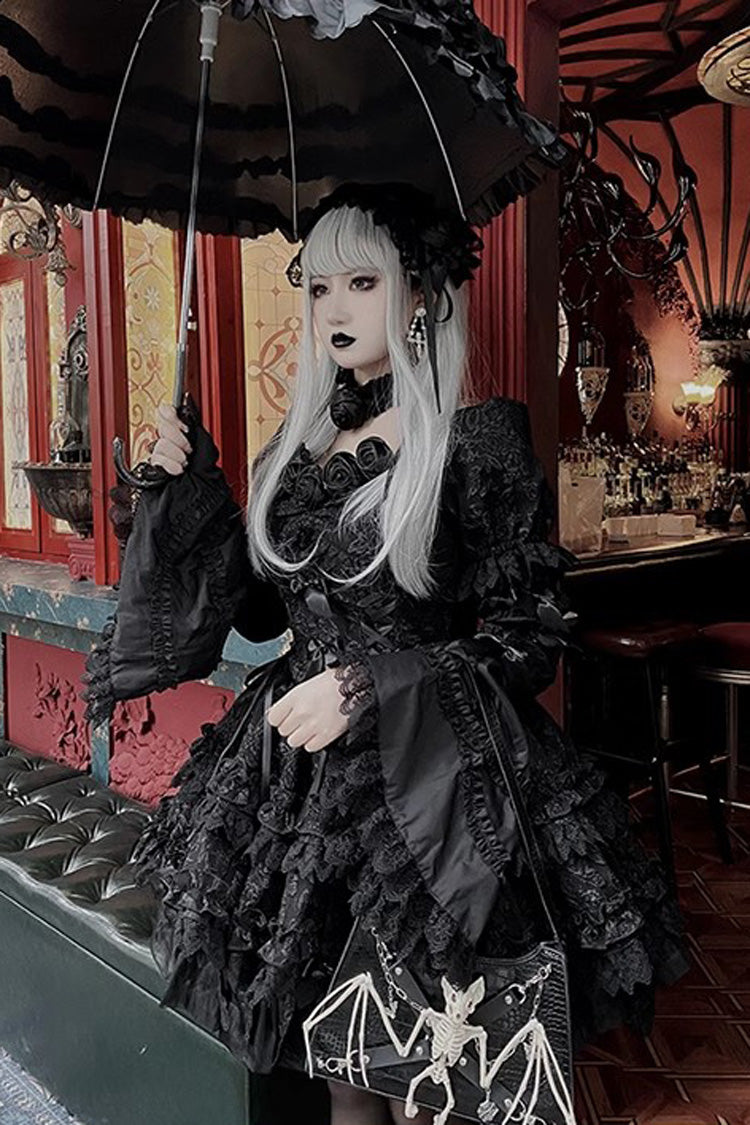 Pure Black Puff Short Sleeves Princess Gothic Lolita Tiered Dress