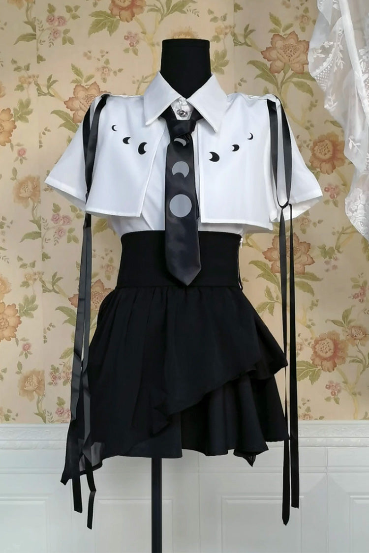 Black/White Short Sleeves Ruffle Asymmetric Gothic Jirai Kei Skirt Blouse Set