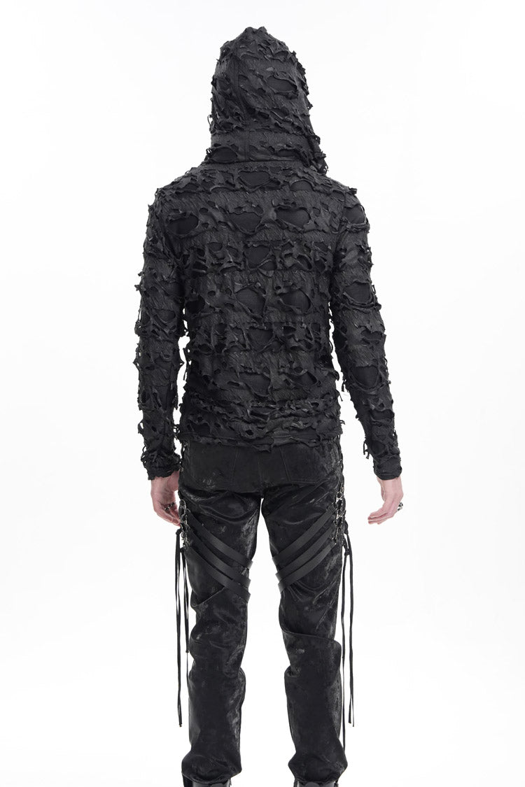 Black Studs Long Sleeves Lace-Up Ripped Men's Gothic Hooded Coat