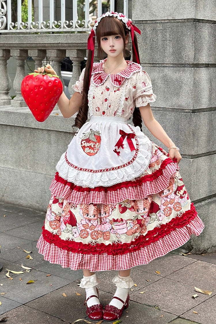 Red [Bear Strawberry Ode] Print Short Sleeves Double-Layered Ruffle Bowknot Sweet Princess Lolita Jsk Dress