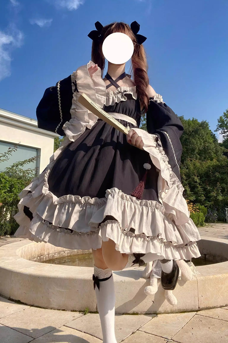 Black [Monet Estate] Sleeveless High Waisted Ruffle Bowknot Asymmetric Gothic Lolita Jsk Dress