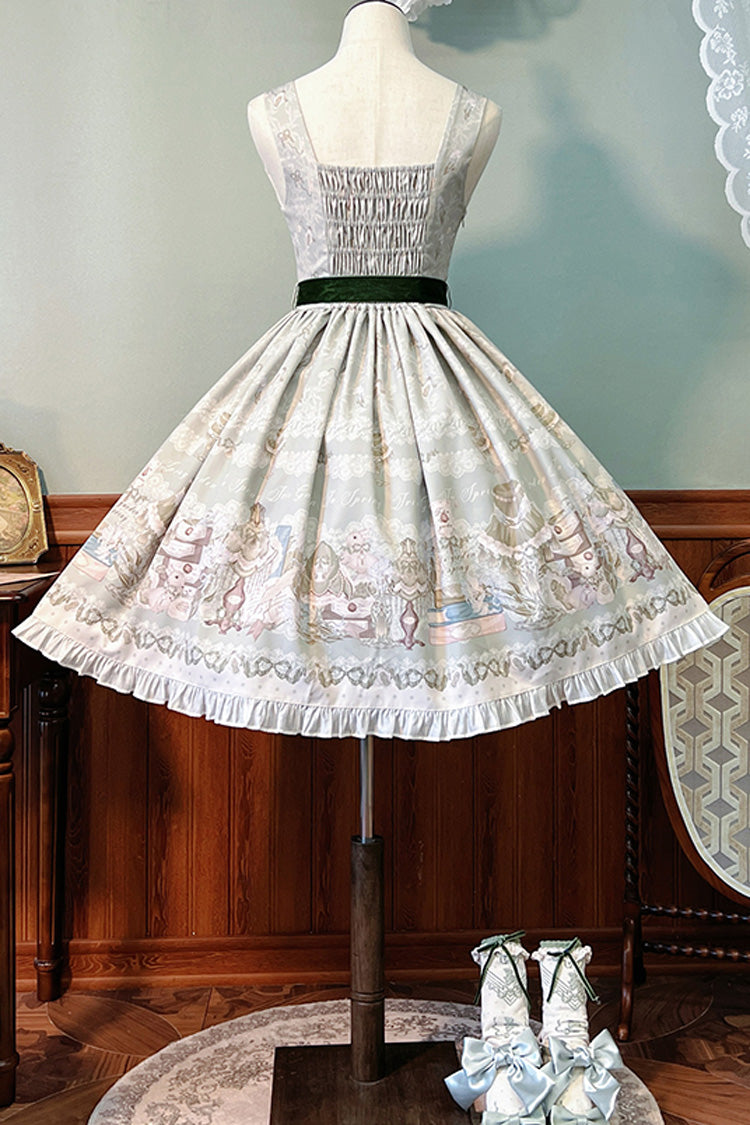 [Iris Study] V-Kragen Ärmellos Print Schleife Spitze Süßes Lolita Pullover Kleid 2 Farben