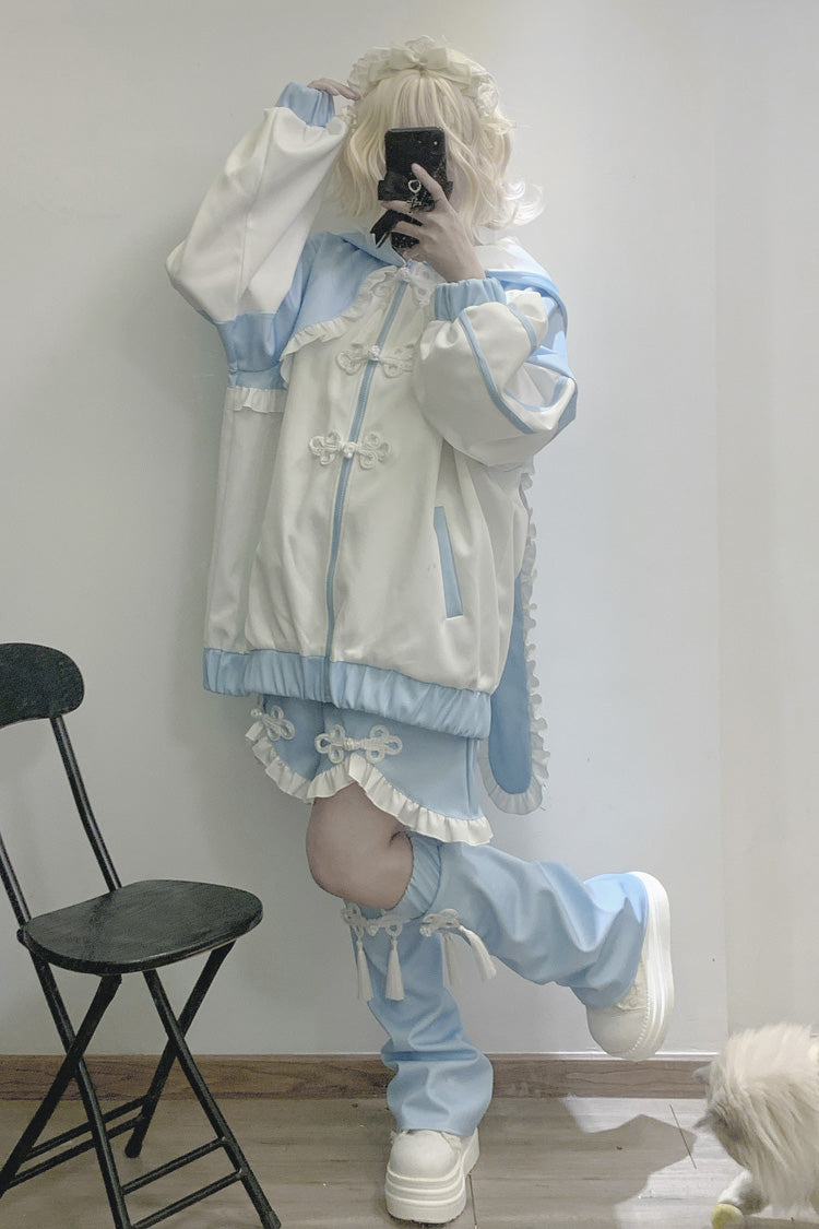 White/Blue Rabbit Ears Long Sleeves Ruffle Hooded Jirai Kei Japanese Coat