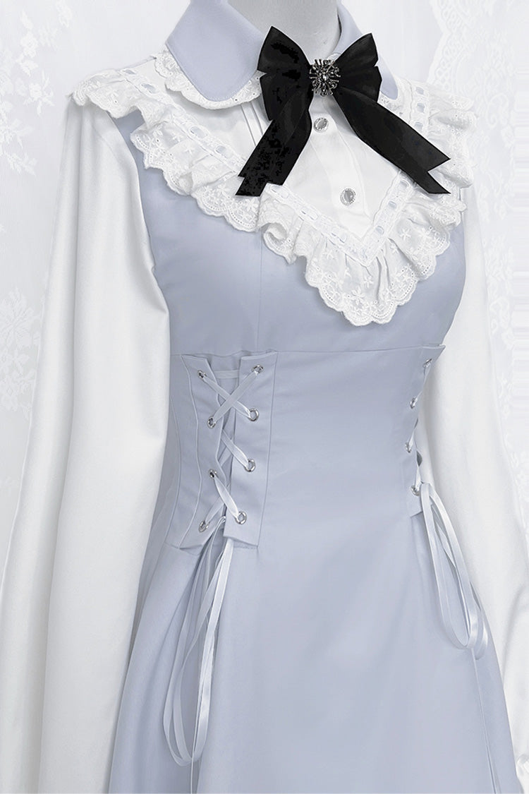Light Blue [Qingshui Poetry] Long Sleeves Bowknot Lace-Up Sweet Jirai Kei Dress