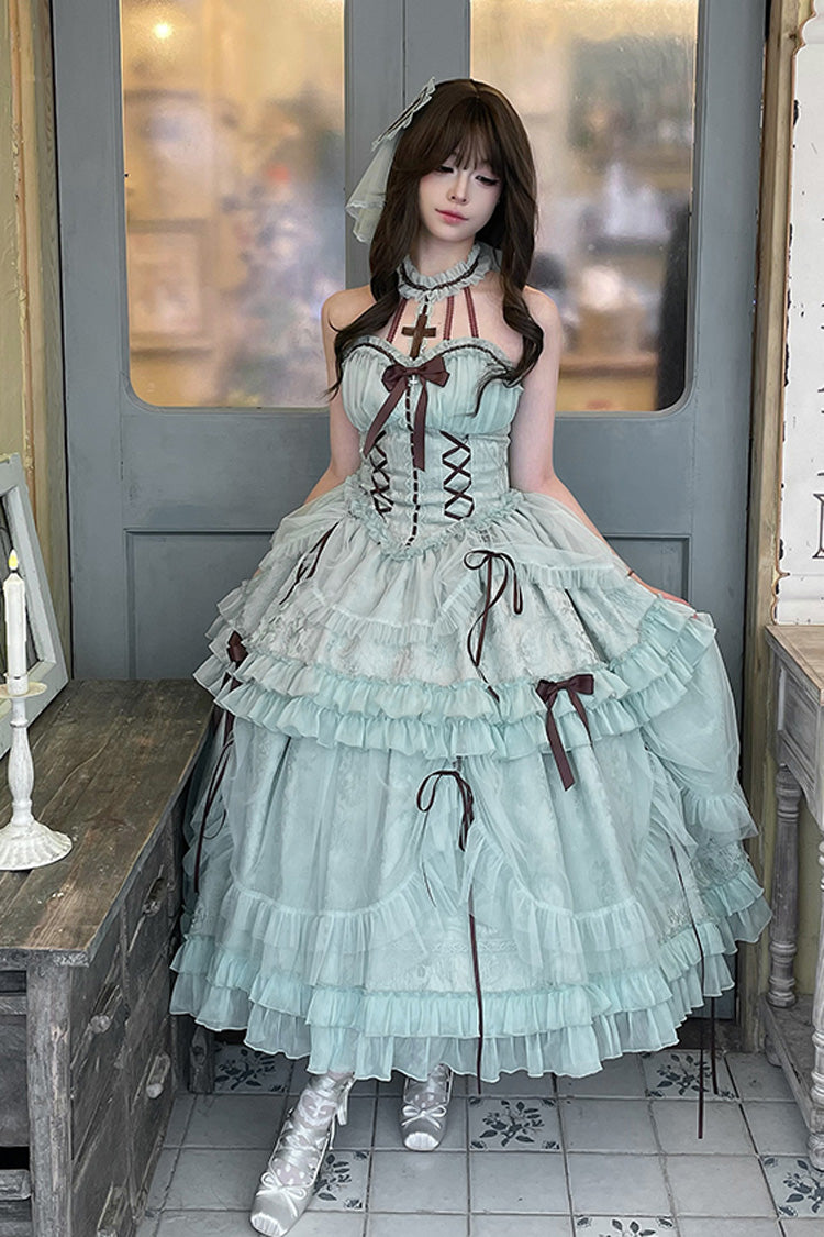 Mint Green Cross Halterneck Ruffle Bowknot Lace Lace-Up Princess Sweet Lolita Dress