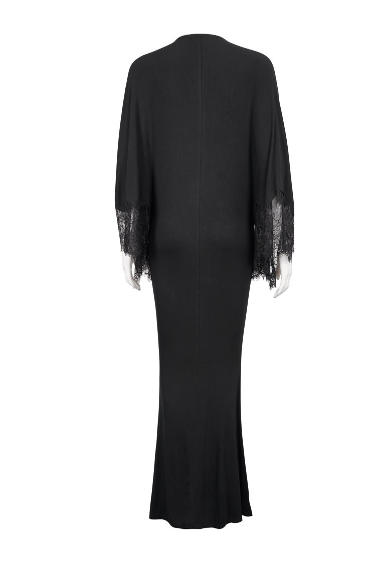 Black Deep V Neck Bat Sleeve Chest Appliqu Lace Bead Buckle Connection Small Fishtail Long Women's Gothic Dress