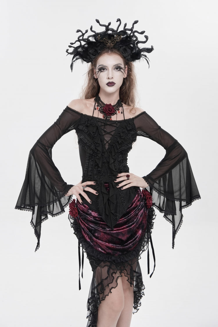 ブラック オフショルダー ロング トランペット スリーブ フリル刺繍 レースアップ レディース ゴシック ブラウス