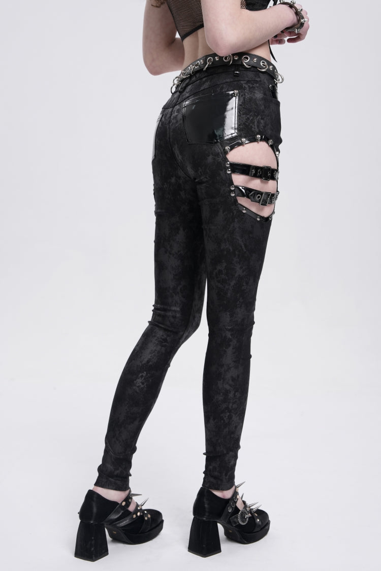 Black Print Cutout Buckle Women's Gothic Pants