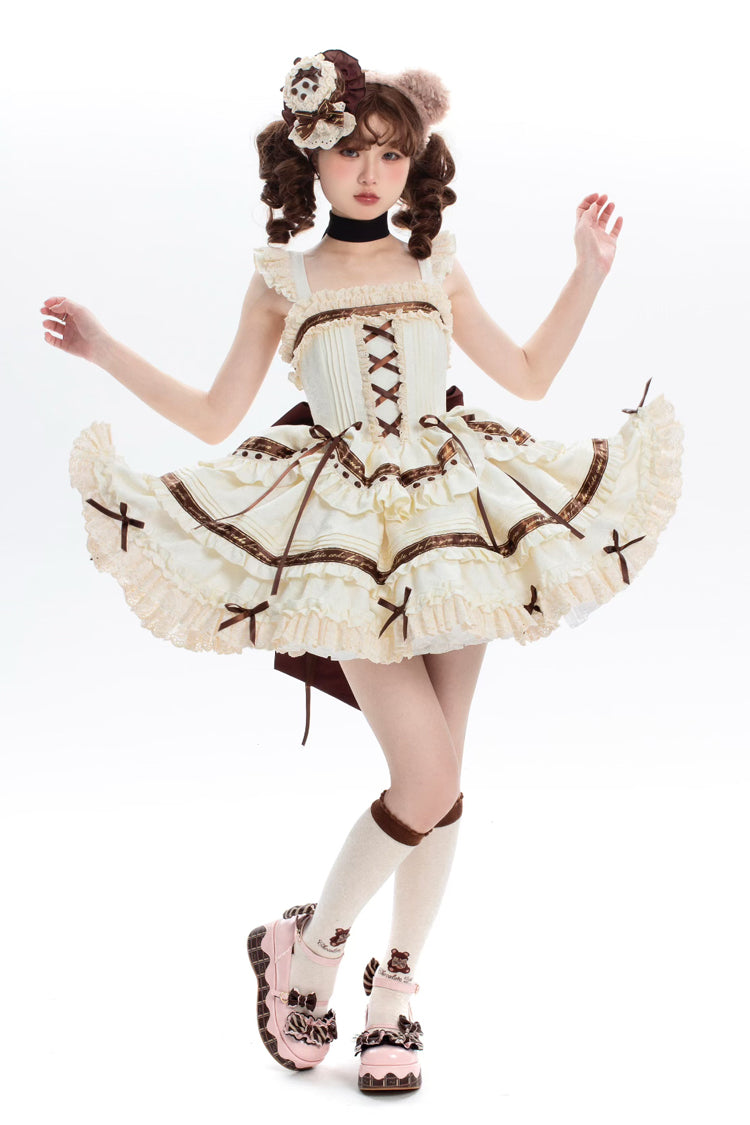 Ivory Chocolate Sleeveless Double-Layered Ruffle Bowknot Sweet Plus Size Lolita Jsk Dress