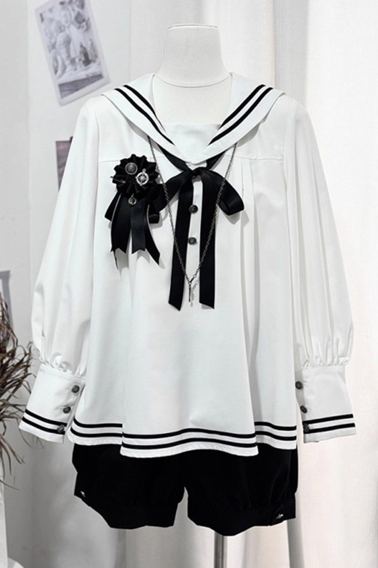 Black/White [Old Stories] Navy Collar Long Sleeves Bowknot Ouji Gothic Lolita Blouse Shorts Set