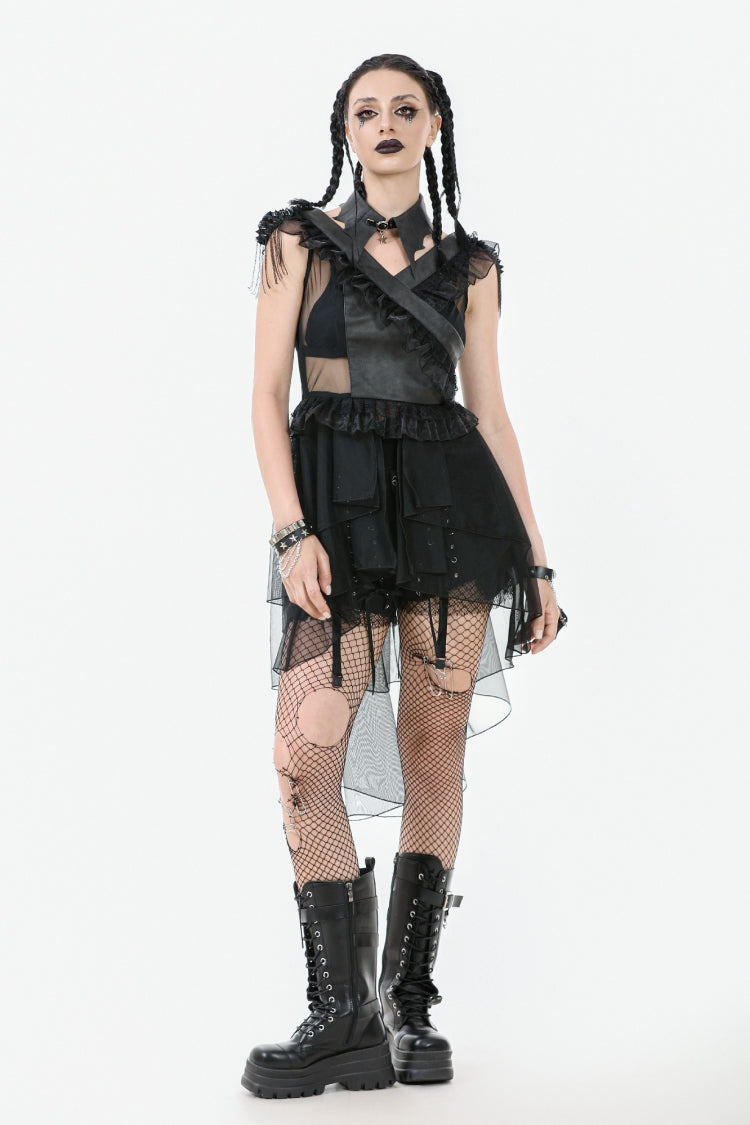 Schwarzes, ärmelloses, mehrlagiges, gerüschtes, durchsichtiges Mesh-Damen-Punk-Kleid mit V-Kragen