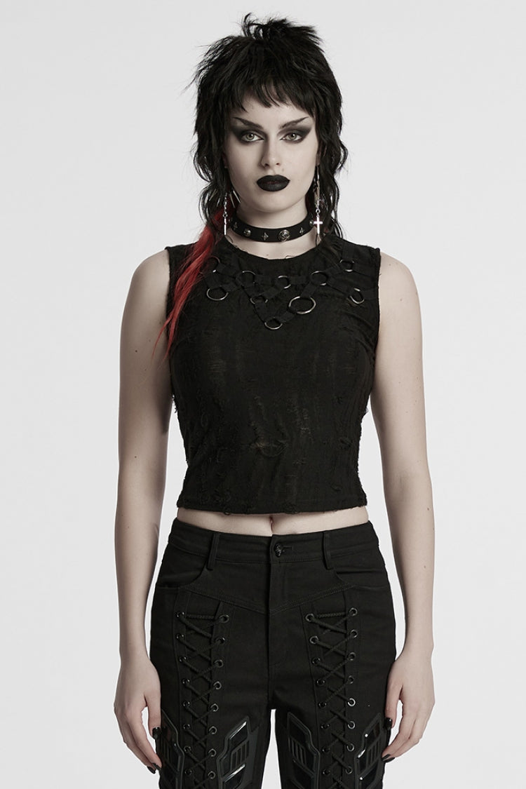 Black Sleeveless Strap Stitching Ripped Women's Punk Vest