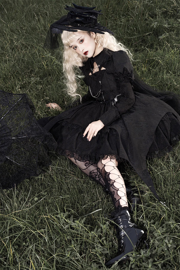 Black Dark Night Law Long Sleeves High Waisted Cardigan Bowknot Lace Gothic Lolita Dress