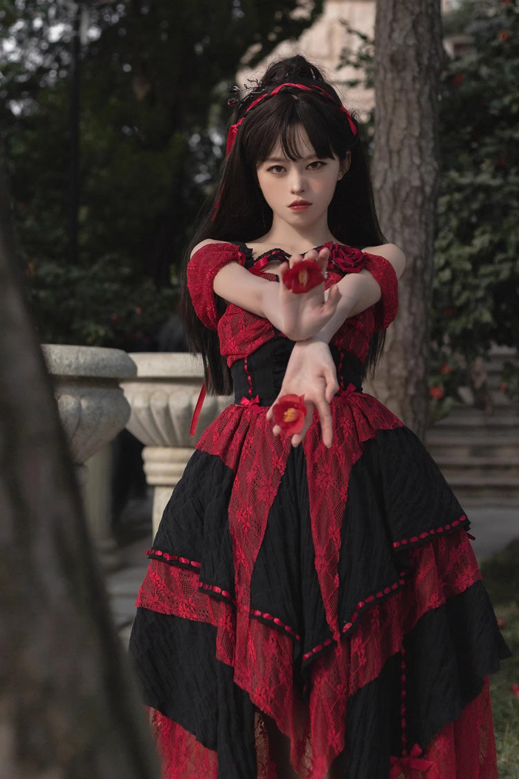 Rot/Schwarzes ärmelloses, hoch tailliertes Lolita-JSK-Kleid mit unregelmäßigem Aufdruck