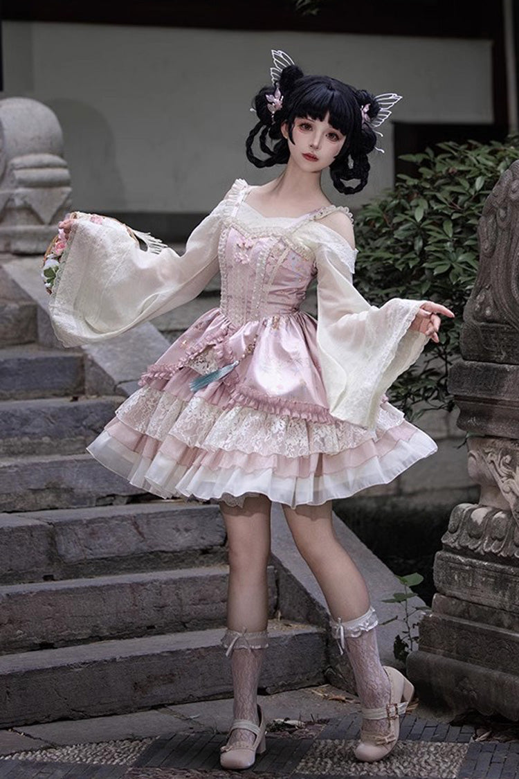 Pink Multi-Layered Ruffle Cardigan Lace Sweet Chinese Style Lolita Jsk Dress