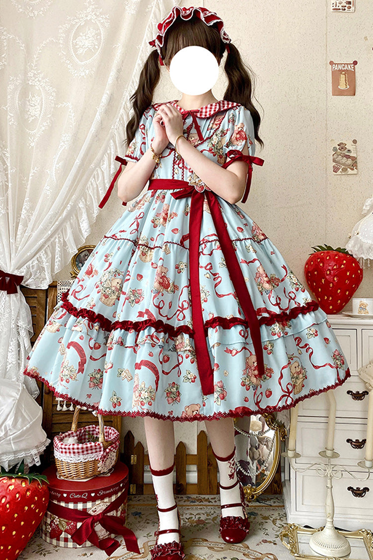 [Bear's Strawberry Garden] Lapel Collar Short Sleeves Print Bowknot Sweet Lolita Dress 4 Colors