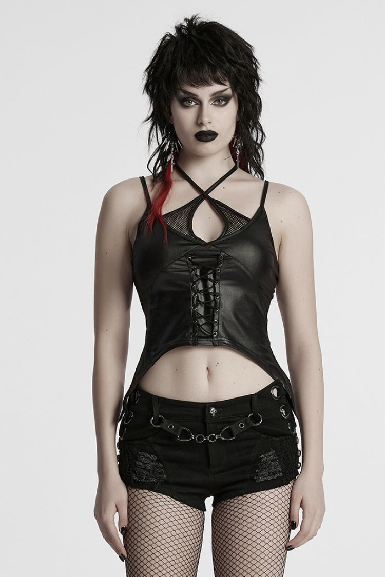 Black Halterneck Sleeveless Lace-Up Plunging Irregular Women's Punk Vest