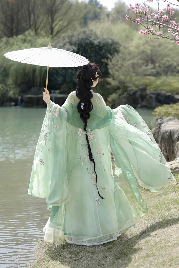 グリーン [Qingdie] 宋朝 フリル刺繍 スイート中国風 漢服ドレス フルセット 
