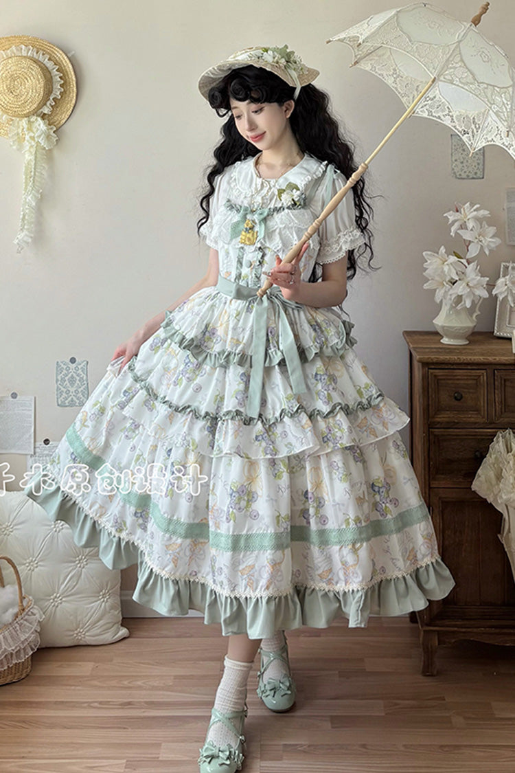 [Blueberry Early Summer] Sleeveless Triple-Layered Print Ruffle Bowknot Lace Sweet Lolita Jsk Dress 2 Colors