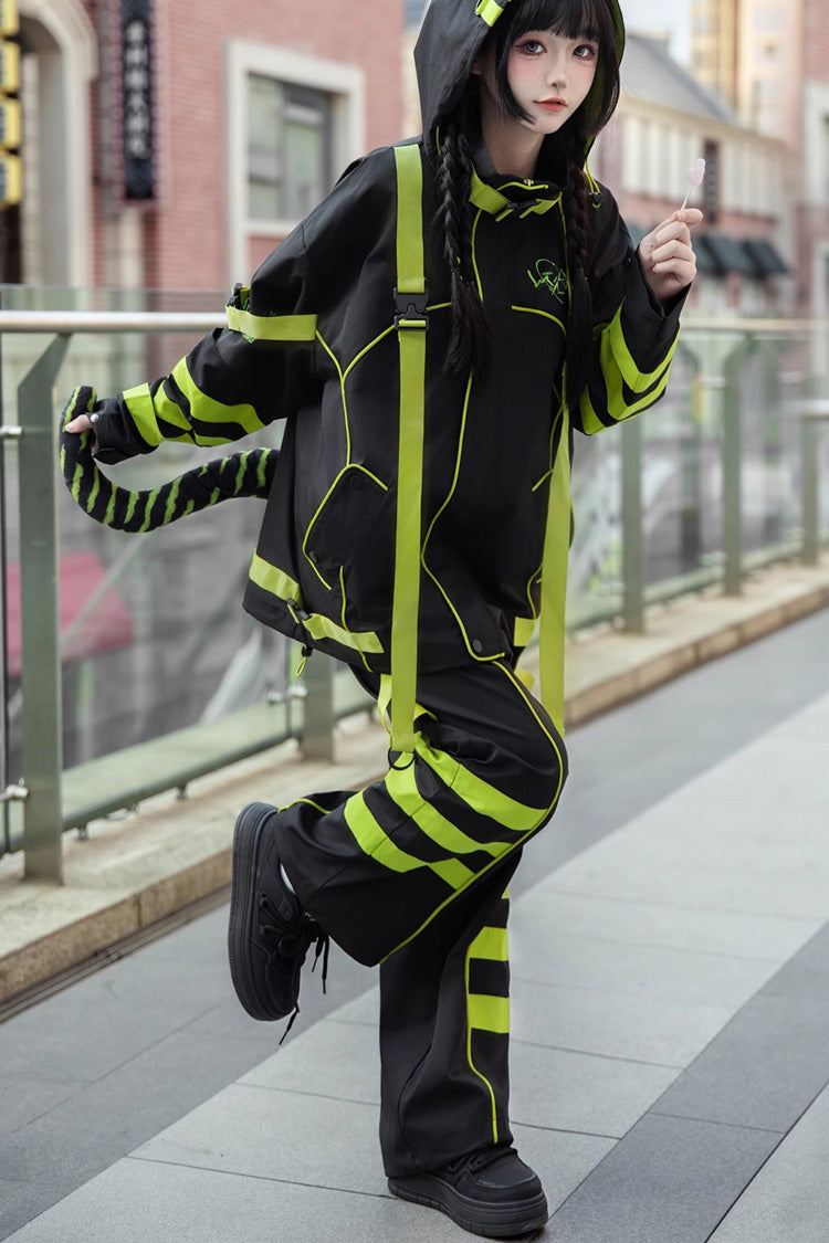 Yellow/Green/Black Long Sleeves Print Cat Ears Hooded Jirai Kei Handsome Coat