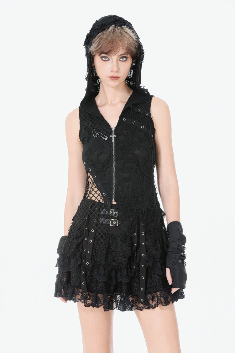 Schwarzes, ärmelloses, zerrissenes, asymmetrisches, mit Reißverschluss und Ösen versehenes Damen-Punk-Kapuzenoberteil aus Mesh