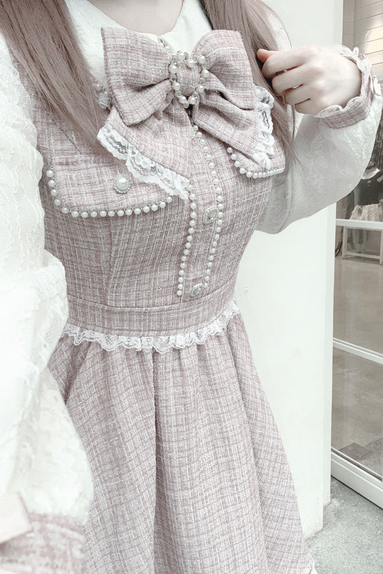 Grey/Pink Long Sleeves Bowknot Lace Pearl Sweet Jirai Kei Dress