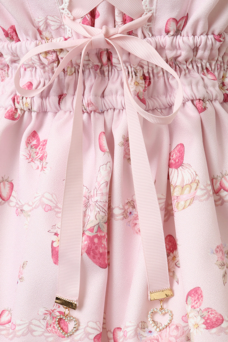 Pink [Creamy Berry] Print Short Puff Sleeves Ruffle Bowknot Lace-Up Sweet Jirai Kei Japanese Dress
