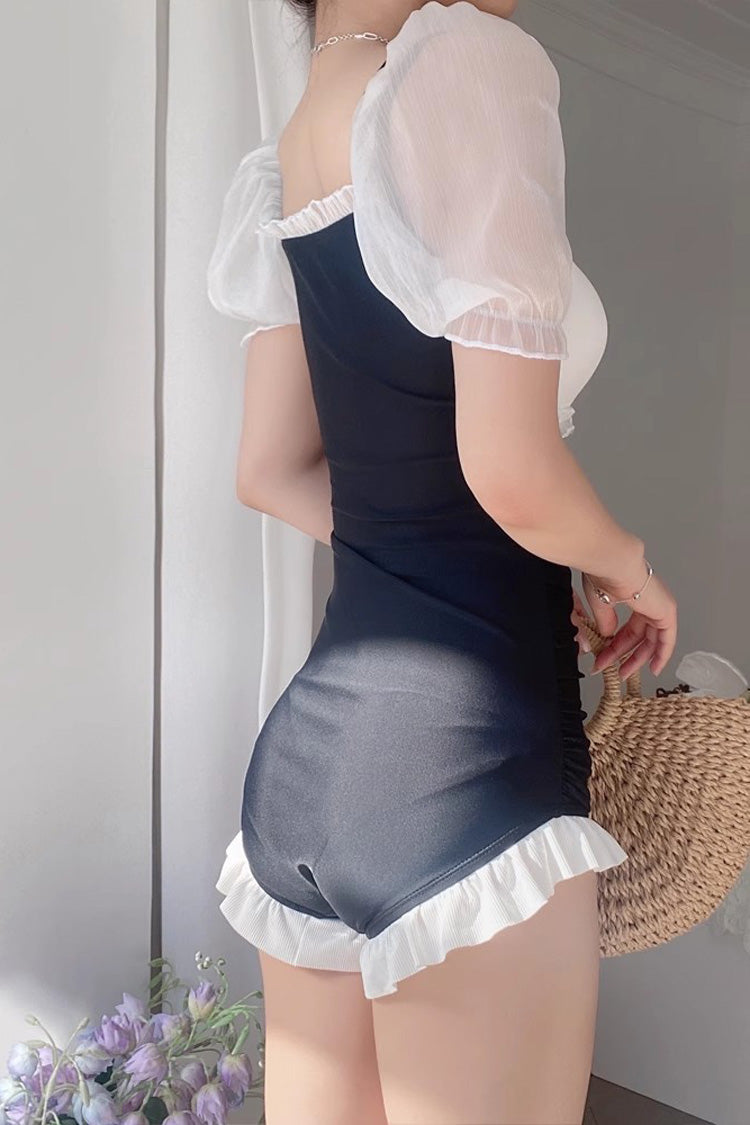 Black/White Short Sleeves Ruffle Cute Sweet Lolita Strapless One Piece Swimsuit