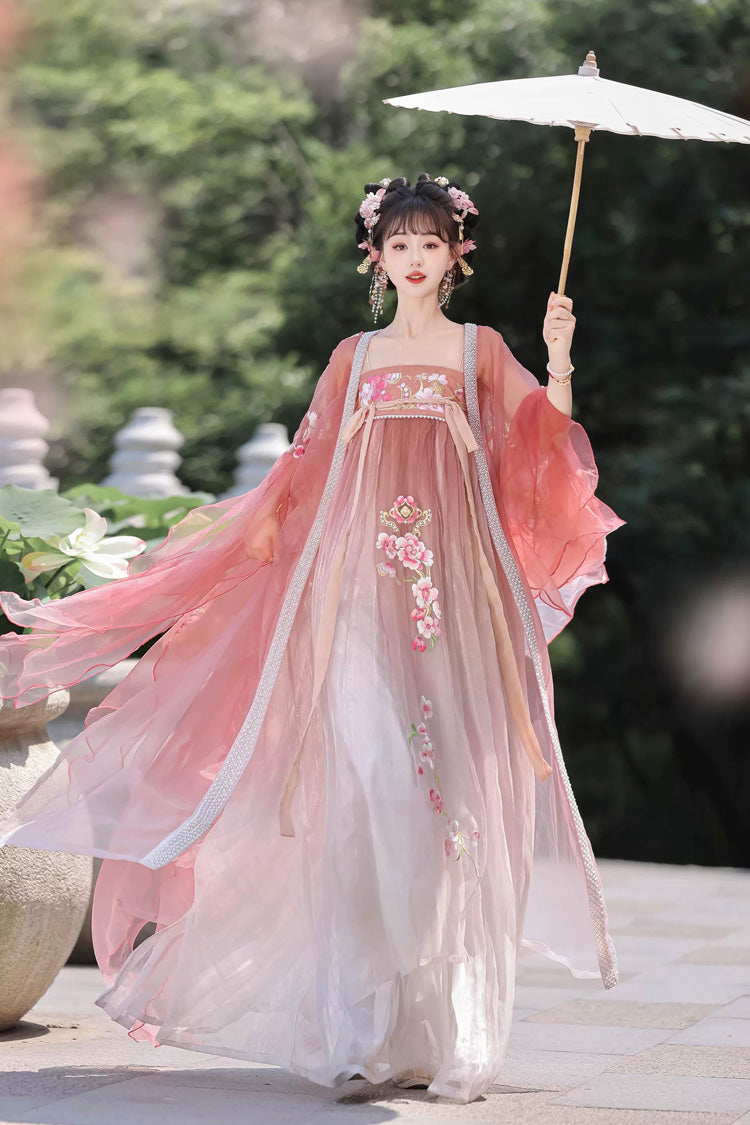 緑色の戦国時代の長袖刺繍スイート唐風のへそ漢服ドレスフルセット 
