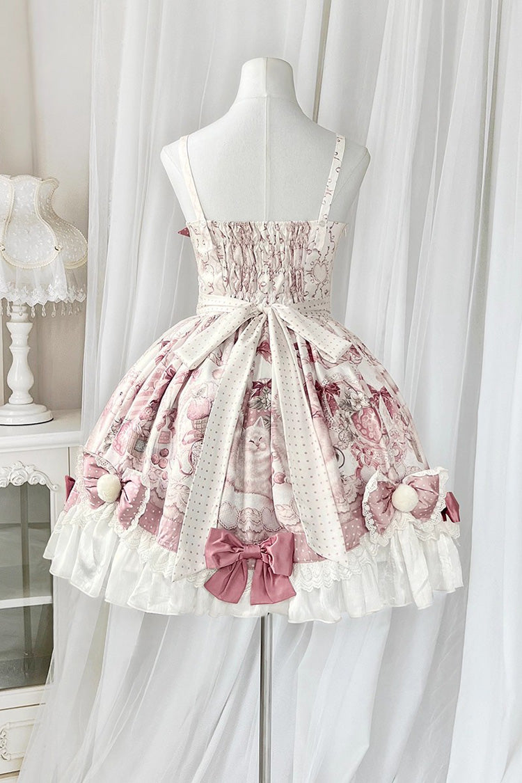 Pink [Cat Dessert House] Print Ruffle Bowknot Sweet Lolita Jsk Dress Set