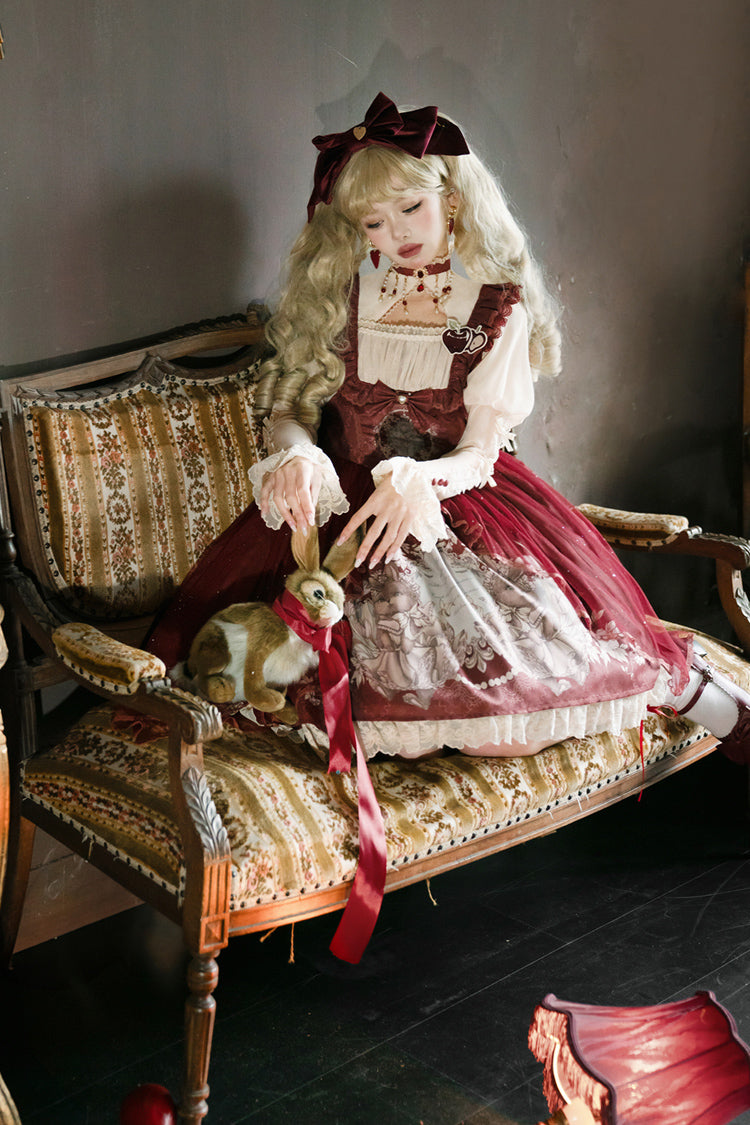 Red Bunny Tea Party Print Ruffle Bowknot Sweet Lolita Jsk Dress