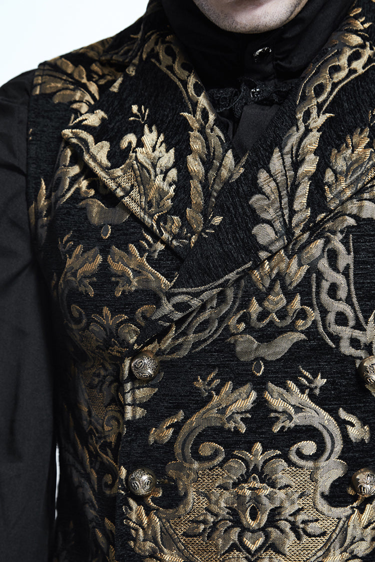 Black/Gold Short Big Jacquard Pattern Men's Gothic Waistcoat