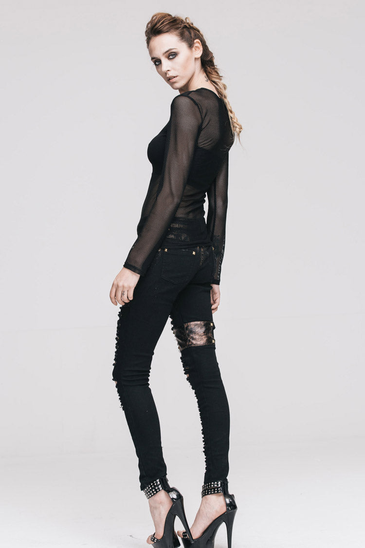Schwarzes, durchsichtiges, sexy, langärmliges Punk-T-Shirt aus sechseckigem Netzstoff für Damen