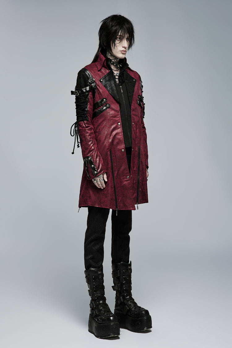 Red Metal Buckle Decoration Zipper Mens Steampunk Windbreaker Coat