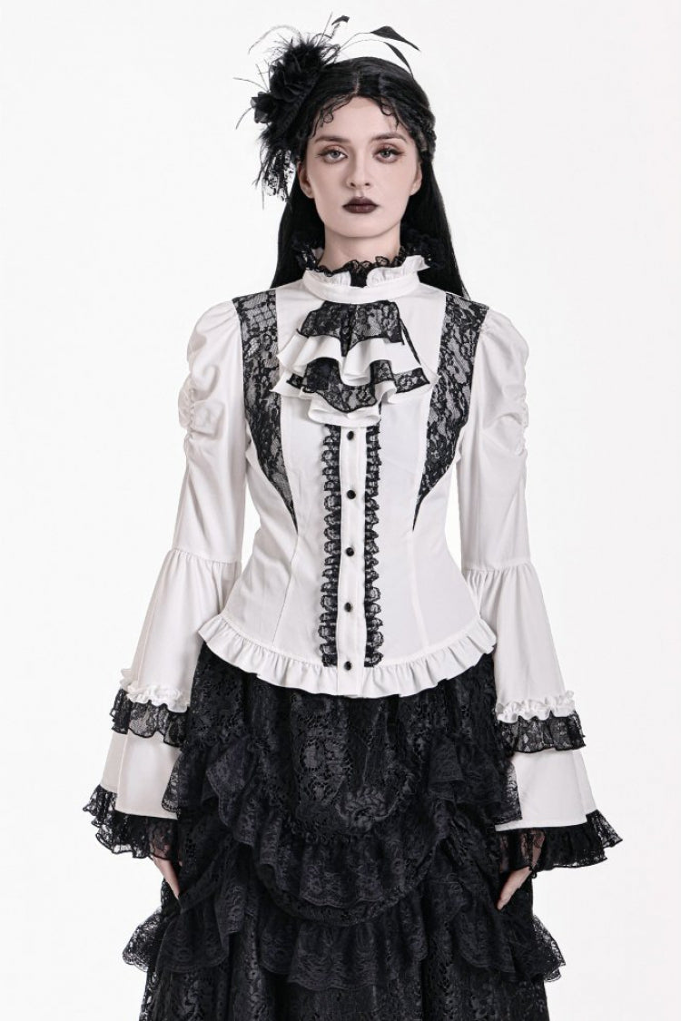 White/Black High Collar Long Bell Sleeves Lace Ruffled Women's Gothic Victorian Blouse with Detachable Neck Tie