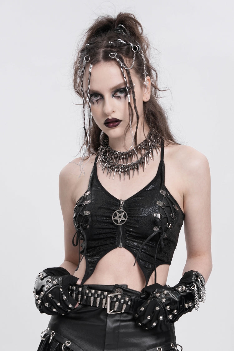 Black Sleeveless Stitching Irregular Mesh Women's Punk Tank Top