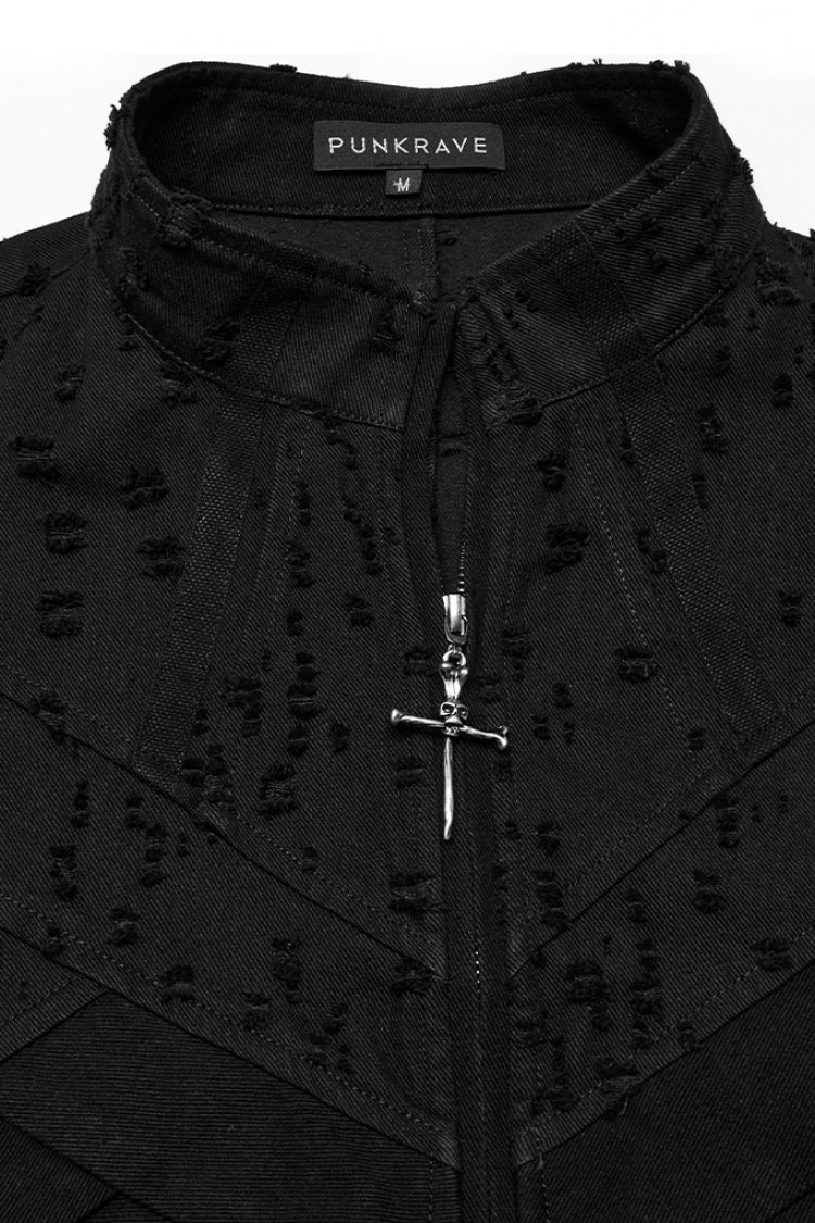 Black Stand Collar Sleeveless Cross Distressed Embroidery Men's Gothic Long Vest