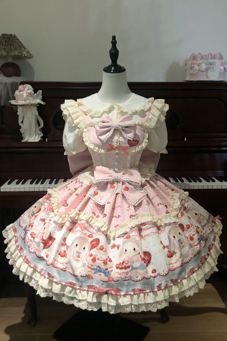 Robe rose [Cute Rabbit Party] sans manches, double couche, imprimé, nœud à volants, douce Lolita Jsk