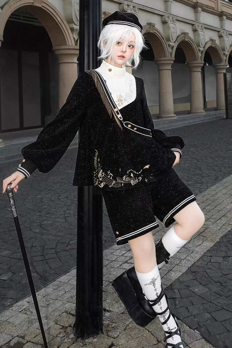 Black [Song Of Tomorrow] Long Sleeves Embroidery Asymmetric Gothic College Style Ouji Lolita Full Set