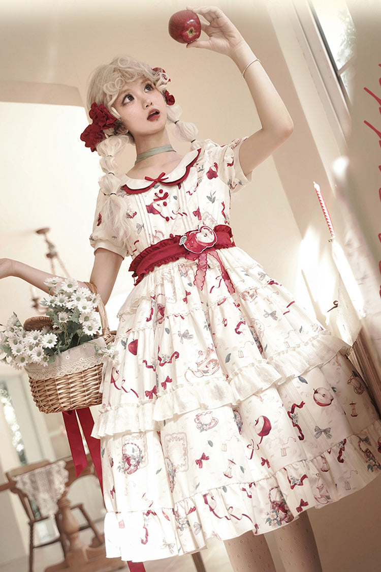 White Apple Tea Print Short Sleeves Country Style Ruffle Bowknot Sweet Lolita Dress