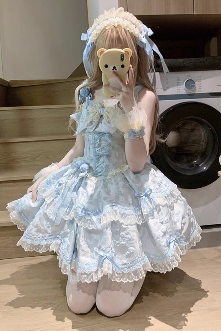 Robe Sweet Lolita Jsk à volants double couche broderie nœud papillon en dentelle [Floral Overture] bleue 