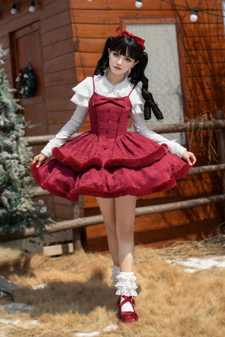 Winter s Wish Double Layered Jacquard Bowknot Furry Sweet Lolita Jsk Dress 2 Colors LolitaInside