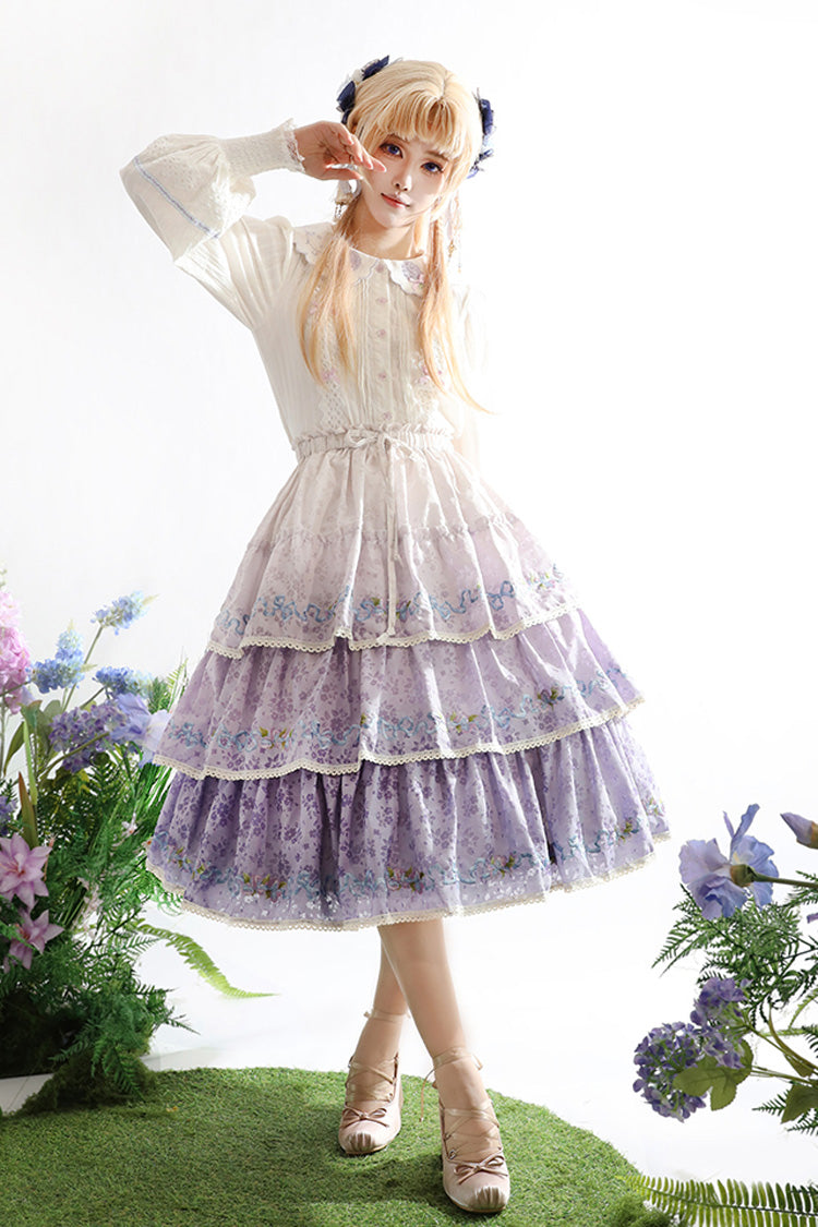 Purple [Moonlight Iris] Triple-Layered Print Ruffle Embroidery Lace Sweet Lolita Skirt