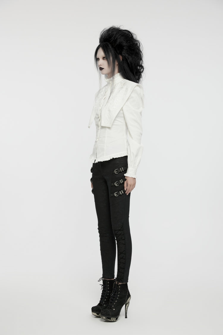 Weiße Gothic-Bluse mit Stehkragen, Rüschen und Schnürung für Damen