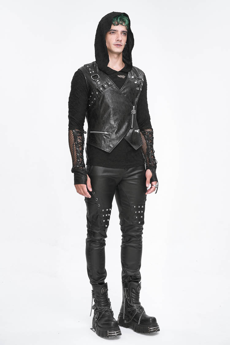 Black Zipper Faux Leather Men's Punk Waistcoat