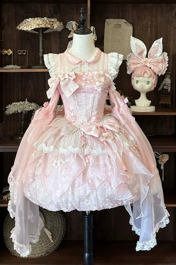 Pink [Peachy Bliss] Multi-Layered Ruffled Embroidered Bow Lace Sweet Princess Lolita Jsk Dress 3 Versions