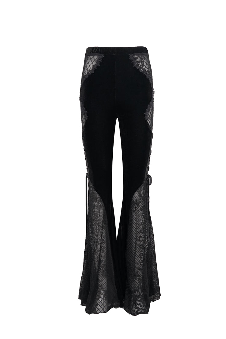 Black Translucent Velvet Jacquard Sexy Panel Lace-Up Plaid Flared Gothic Women's Pants