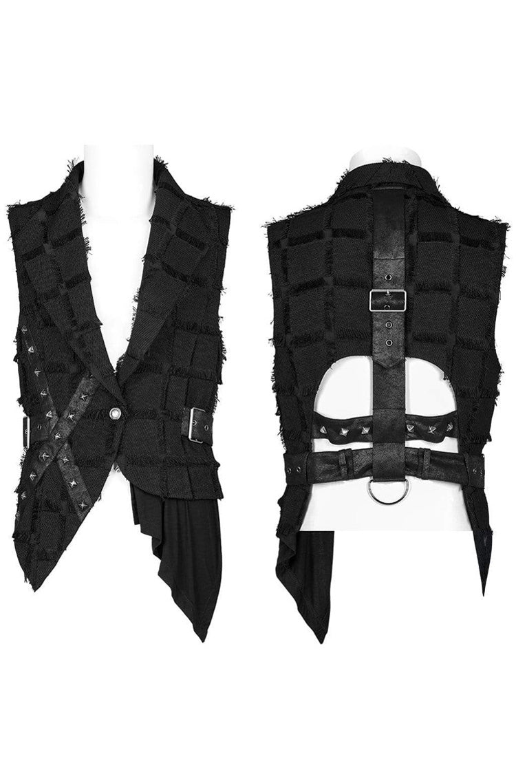 Black Gothic Asymmetrical Decadence Hairy Flu Back Cutout Design Leather Strip Metal Rivets Men's Vest