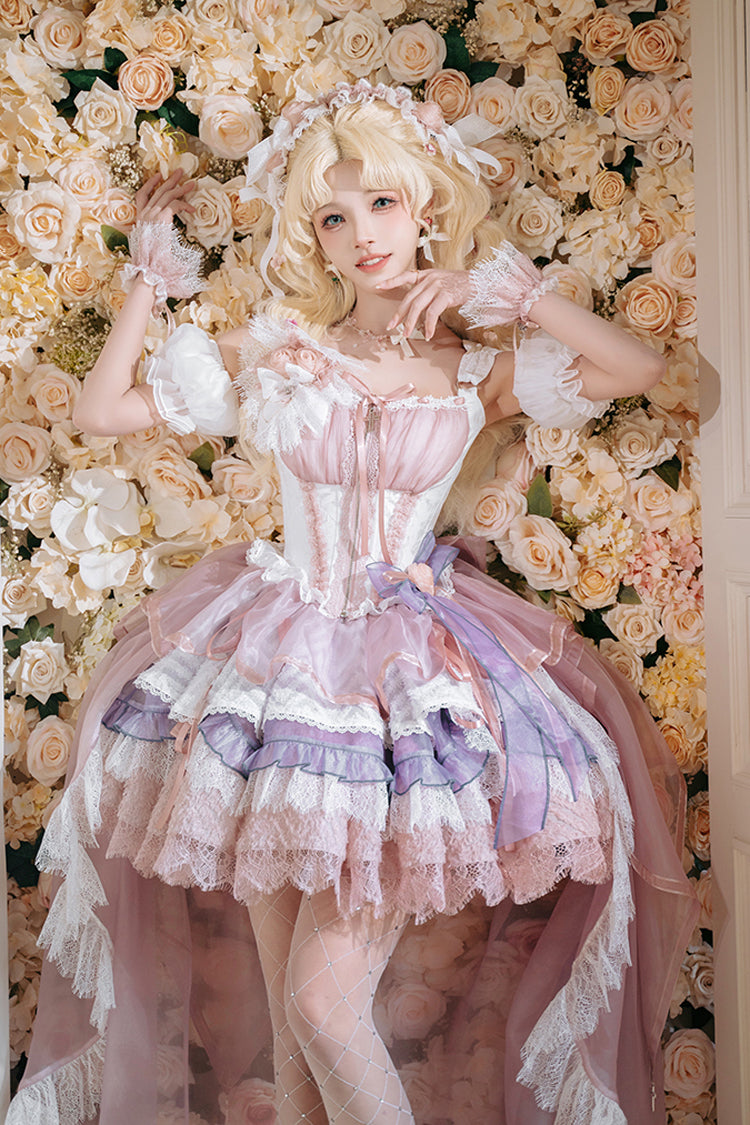 Pink/Purple [Rose Memoirs] Sleeveless Multi-Layered Bowknot Lace Sweet Lolita Skirt Set