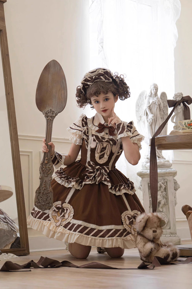 Brown Short Sleeves Print Ruffle Bowknot Sweet Princess Lolita Jsk Dress Set